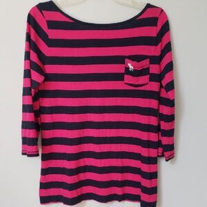 Y2K Abercrombie & Fitch Top Womens L Striped Pink Navy L/S Low Back Sporty